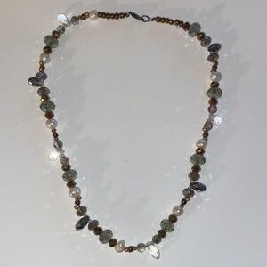 Handmade Beaded Necklace Featuring Grey, Brown and White Beads Including Pearls
